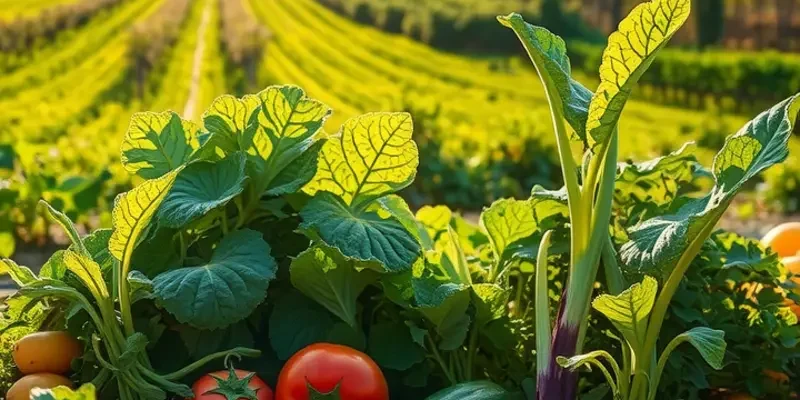 A scenic view of a sunlit field filled with various vibrant vegetables and fruits growing naturally.