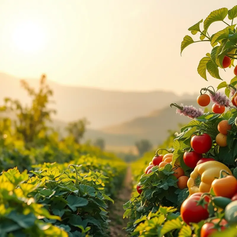 A sunlit field showcasing vibrant fruits and vegetables symbolizing fresh, healthy eating.