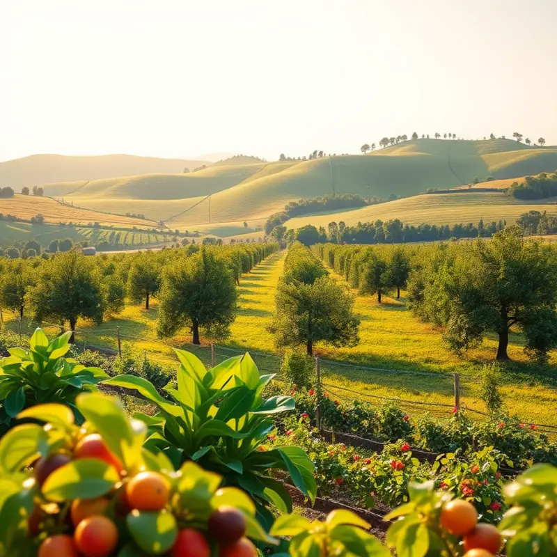 A vibrant fruit orchard bathed in sunlight, symbolizing the natural goodness of fruits.
