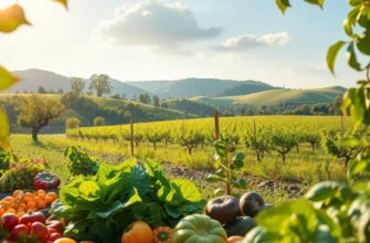 A scenic garden filled with fresh vegetables and fruits under warm sunlight.