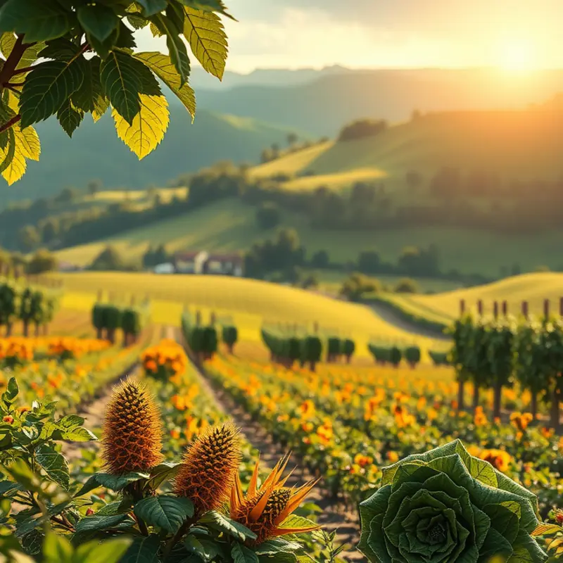 A sunlit garden showcasing vibrant vegetables and fruits growing amidst lush greenery.