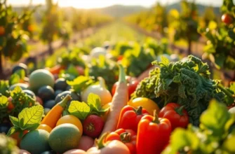 A photorealistic scene of a sunlit orchard with lush, vibrant produce, illustrating the joy of healthy eating.