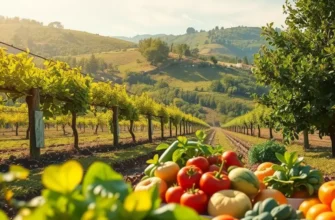 A picturesque orchard bathed in sunlight, showcasing an abundance of organic fruits and vegetables in a natural setting.