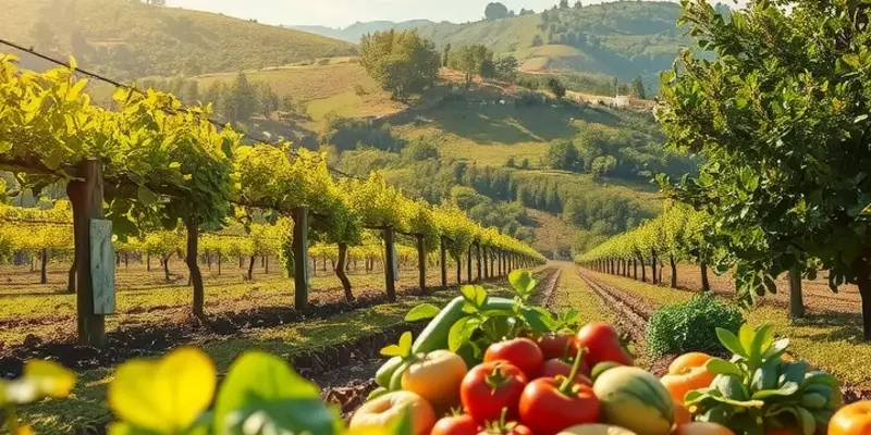 A picturesque orchard bathed in sunlight, showcasing an abundance of organic fruits and vegetables in a natural setting.