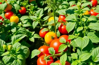 A scenic view of an orchard filled with lush fruits and vegetables under warm sunlight.