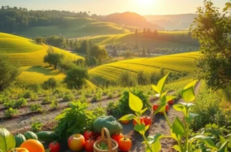 A scenic view of a sunlit field filled with various vibrant fruits and vegetables.