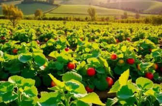 A vibrant sunlit field of organic fruits and vegetables, representing healthy nutrition.