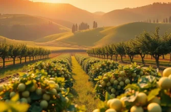 A bright field displaying healthy vegetables and fruits in a scenic, natural landscape.