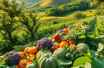 A picturesque view of a sunlit field filled with various organic fruits and vegetables, highlighting nature's abundance.