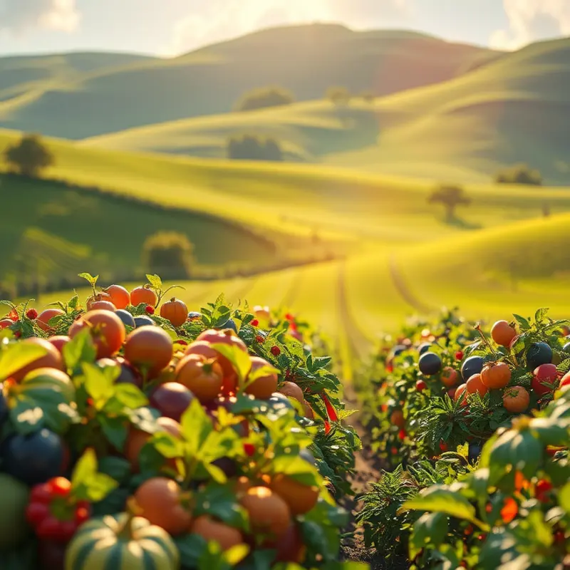 A sunlit field with vibrant organic vegetables and fruits, representing the essence of fresh meal prep.