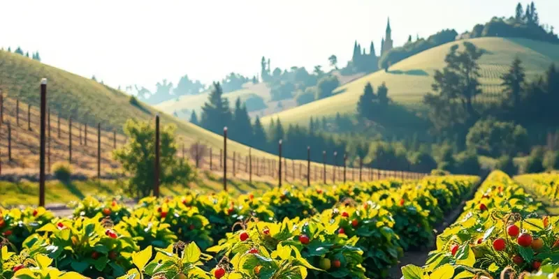 A sunlit field filled with organic vegetables and fruits.