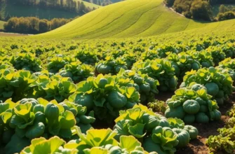 A scenic view of a sunlit field full of organic vegetables and fruits among lush greenery.