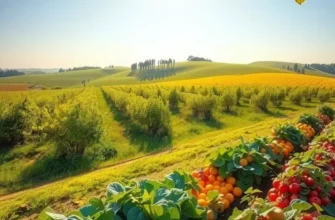 Natural landscape filled with various organic vegetables and fruits in a sunlit field.