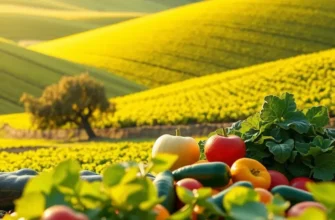 A sunlit field with vibrant vegetables and fruits growing naturally among lush greenery.