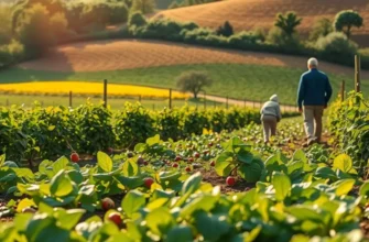 A beautiful sunlit field showcasing lush organic produce in a peaceful setting.