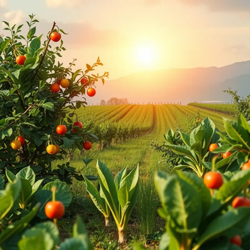 A sunlit orchard showcasing vibrant vegetables and fruits in harmony with nature.