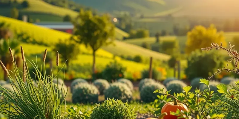 A serene orchard landscape showcasing vibrant vegetables and fruits growing naturally.