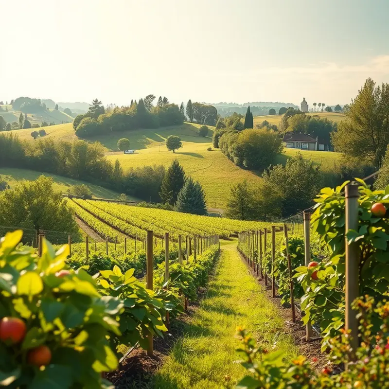 A sunlit orchard brimming with vibrant fruits and vegetables.