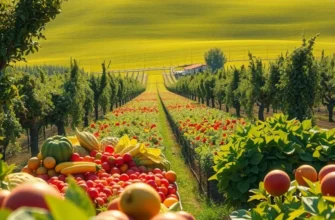 A vibrant orchard filled with fresh fruits and vegetables under bright sunlight.