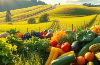 A bright and scenic farm landscape featuring vibrant fruits and vegetables amidst lush greenery.