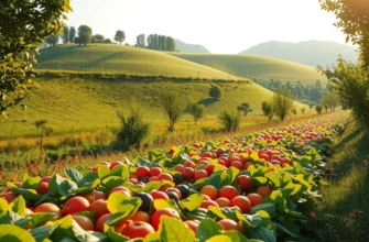 A beautiful natural landscape filled with vibrant organic fruits and vegetables growing in sunlight.
