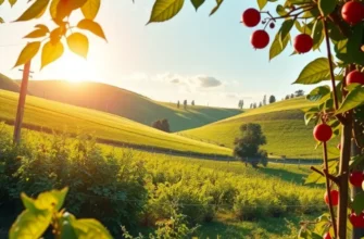 A sunlit landscape of an orchard with healthy fruits and vegetables, representing sustainability.