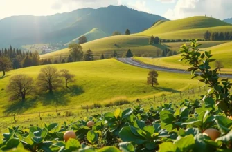 A serene landscape filled with vibrant vegetables and fruits in a natural setting, illuminated by soft, warm light.