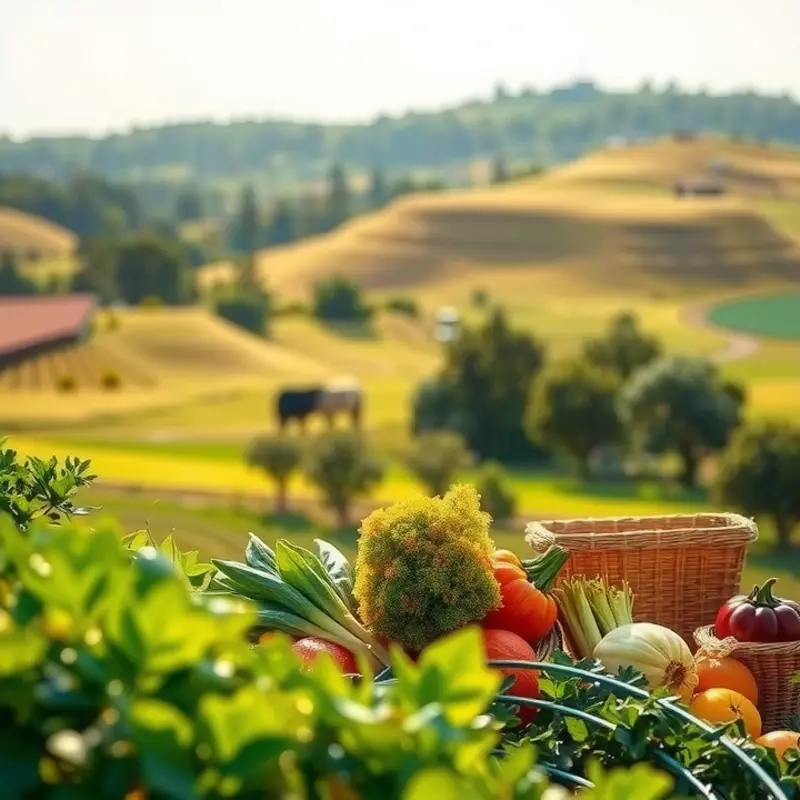 A sunlit orchard bursting with vibrant fruits and vegetables, symbolizing sustainable food choices.