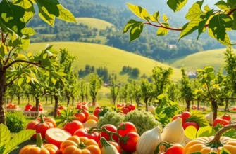 A peaceful orchard filled with colorful fruits and vegetables, representing healthy food choices.