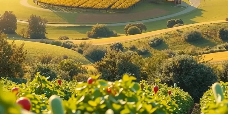 Photorealistic landscape of a sunlit field highlighting organic fruits and vegetables.