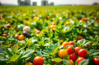 Sunlit field showcasing vibrant fruits and vegetables, emphasizing healthy nutrition.