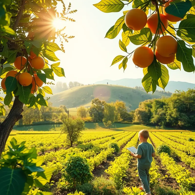 A sunlit field showcasing vibrant, organic vegetables and fruits.
