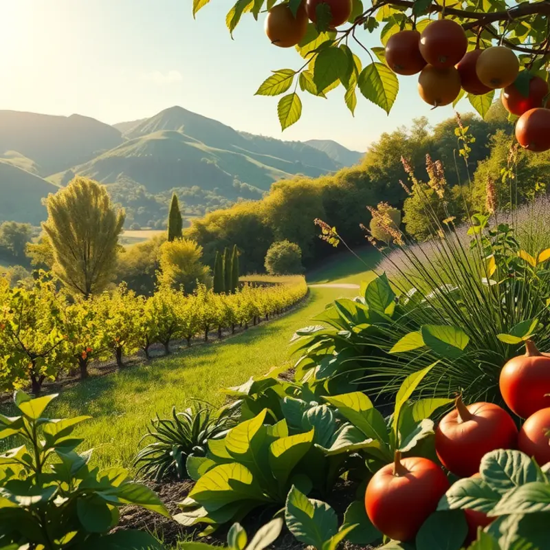 A sunlit field with vibrant organic vegetables and fruits, representing the essence of fresh meal prep.