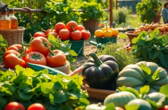 A beautiful garden in sunlight filled with a variety of fresh vegetables and fruits growing naturally.