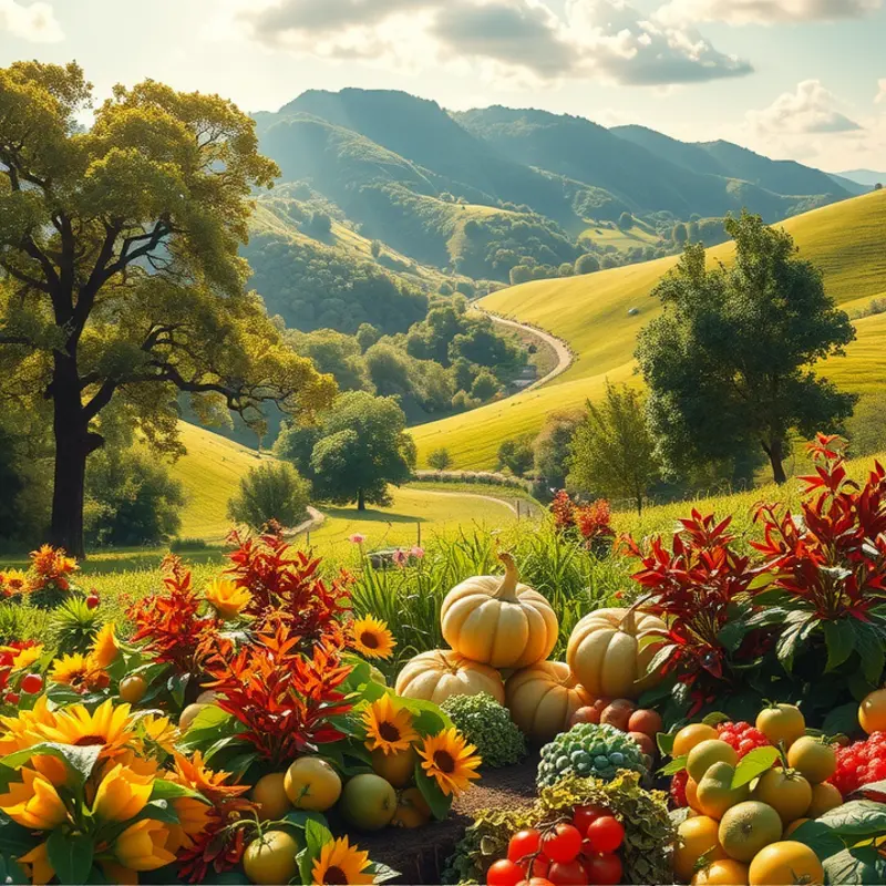 A sunlit field filled with vibrant vegetables and fruits, showcasing the abundance of nature.