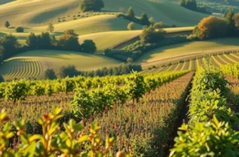 A vibrant landscape showcasing an abundance of organic fruits and vegetables in a sunlit orchard.