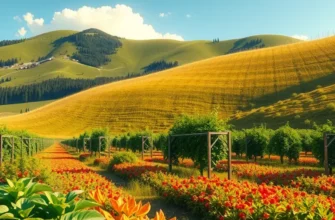 A bright and colorful landscape filled with healthy organic produce amid lush greenery and sunlight.