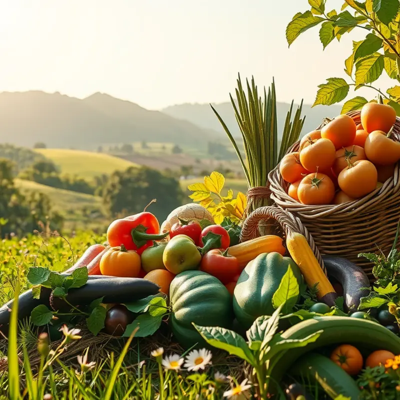 A sunlit orchard showcasing vibrant vegetables and fruits in harmony with nature.