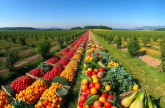 A vibrant scene of lush organic vegetables and fruits in a natural landscape, evoking health and freshness.