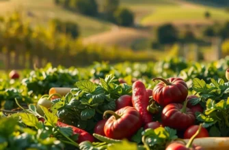 Photorealistic landscape of a vibrant organic scene with fruits and vegetables.
