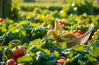 Photorealistic landscape featuring a sunlit field filled with various colorful organic vegetables and fruits under warm natural light.
