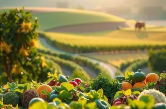 A lush, sunlit field filled with colorful fruits and vegetables.