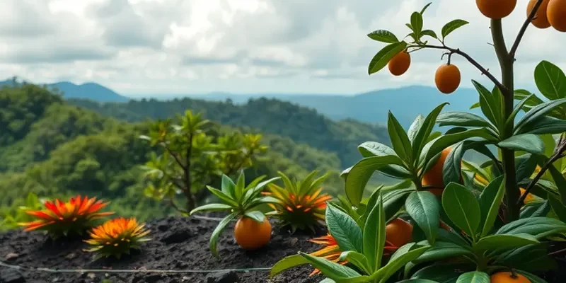 A sunny field brimming with fresh vegetables and fruits, surrounded by lush greenery, symbolizing the natural bounty from volcanic soils.