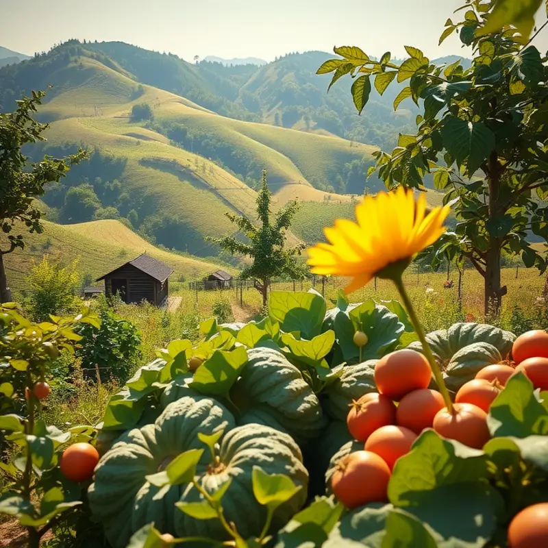 A colorful variety of fruits and vegetables thriving in a sunlit orchard.