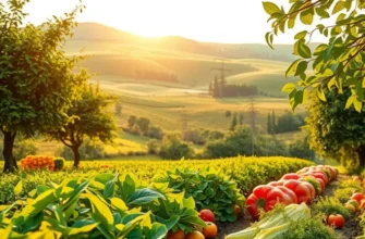 A vivid natural landscape showcasing diverse organic fruits and vegetables under soft natural light.