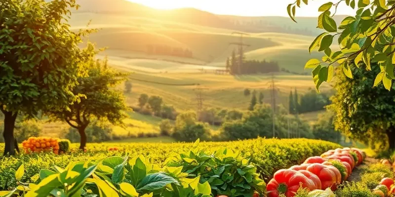 A vivid natural landscape showcasing diverse organic fruits and vegetables under soft natural light.