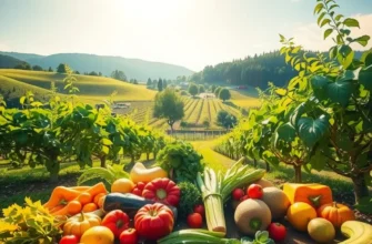 A bright and lush field with various colorful vegetables and fruits growing abundantly.