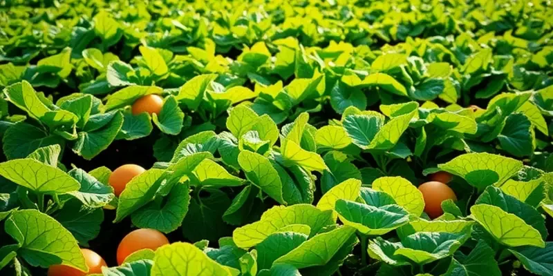 A flourishing field exhibiting vibrant fruits and vegetables under sunlight.