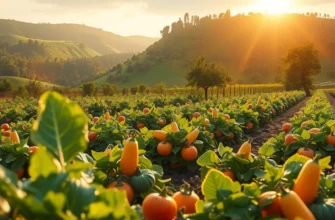 Scenic landscape featuring a lush field with abundant organic vegetables and fruits.