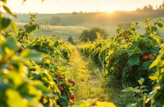 A scenic view of an orchard rich with organic produce under gentle sunlight.